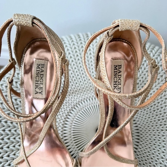 Badgley Mischka Glittery Metallic Gold Leather Strappy High Heel Sandals - Picture 5 of 8
